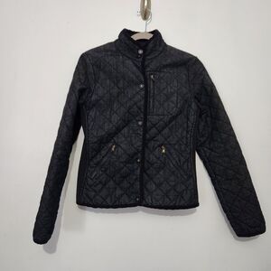 Lauren Jeans Co XS Denim Quilted Jacket Knit Side Panel Snap Closure Zipper Pkts